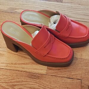 Michael Kors Women's Orange Mules with Brown Block Heel